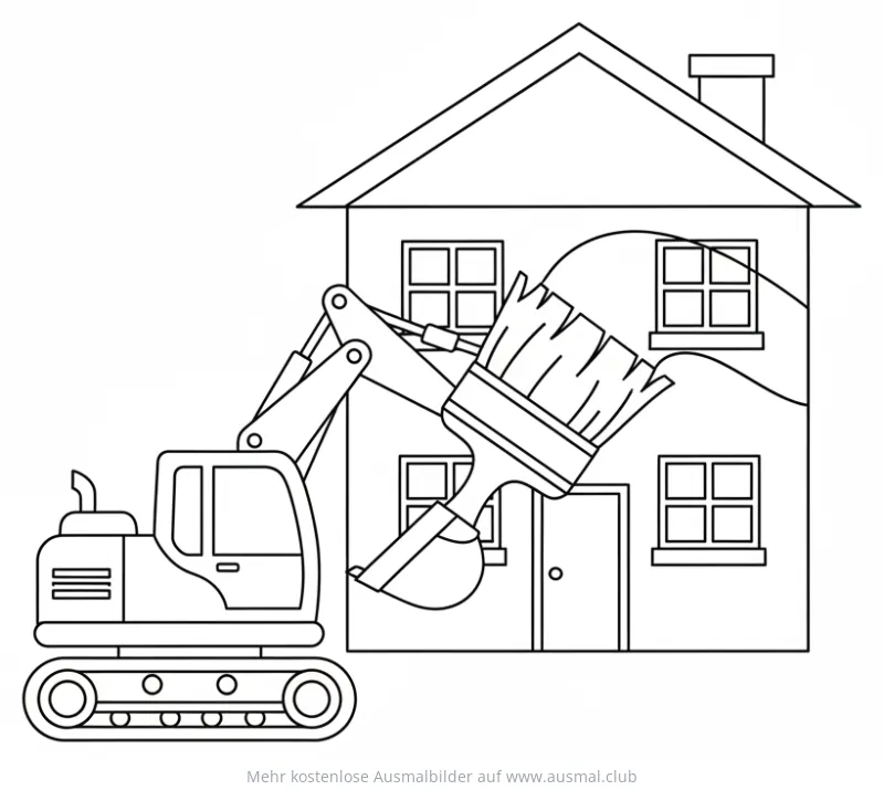 Bagger mit riesigem Pinsel malt Haus Ausmalbild