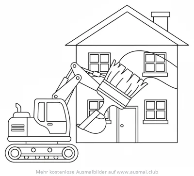Bagger mit riesigem Pinsel malt Haus Ausmalbild