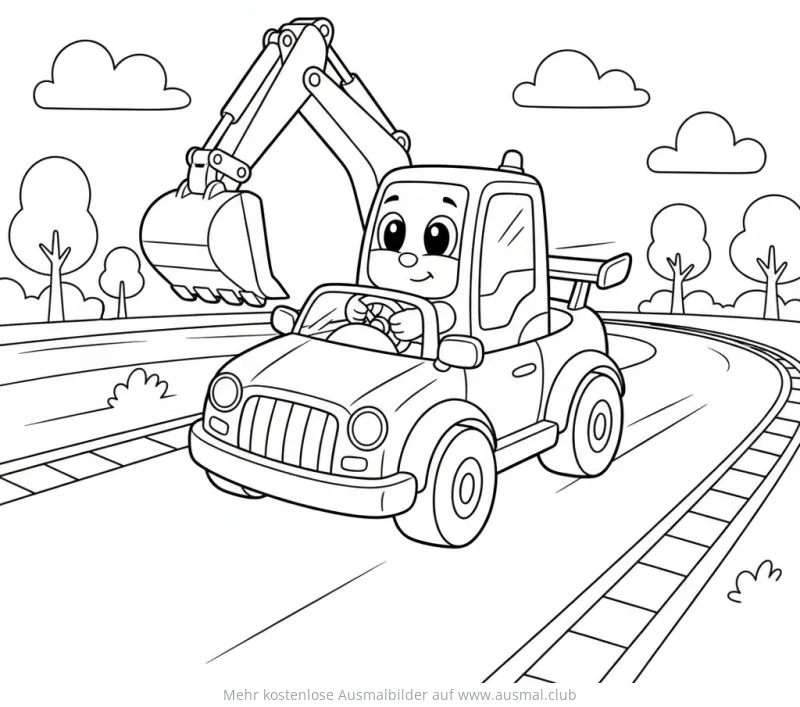 Bagger-Rennwagen Ausmalbild auf Rennstrecke