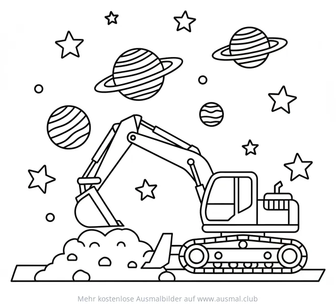 Bagger Ausmalbild mit Weltraum-Motiv