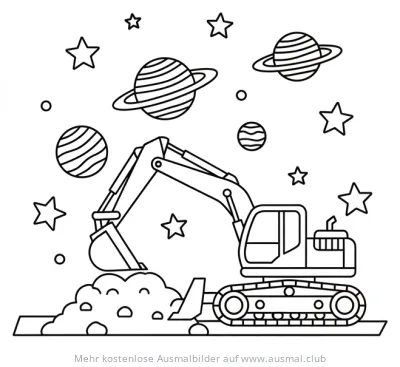 Bagger Ausmalbild mit Weltraum-Motiv