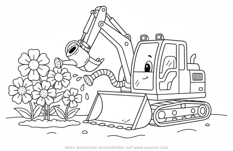 Bagger gießt Blumen mit Gießkanne Ausmalbild