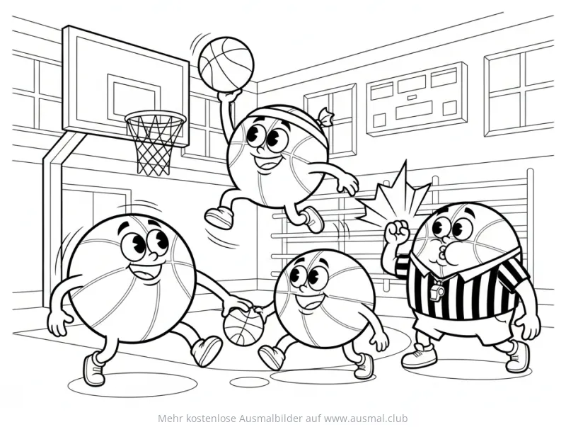 Basketball Team mit Schiedsrichter Ausmalbild