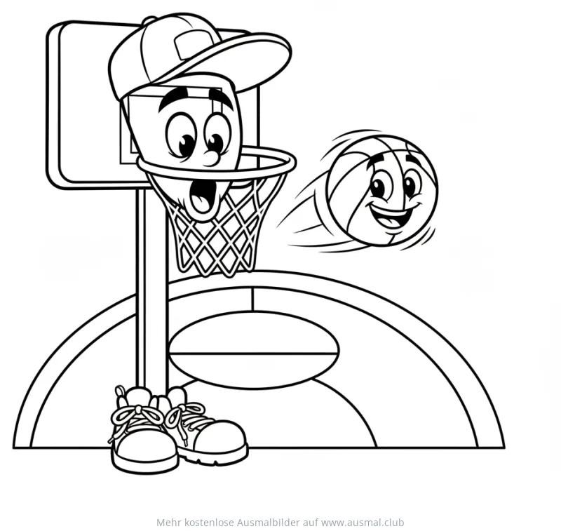 Basketball Korb mit Gesicht und Ball Ausmalbild