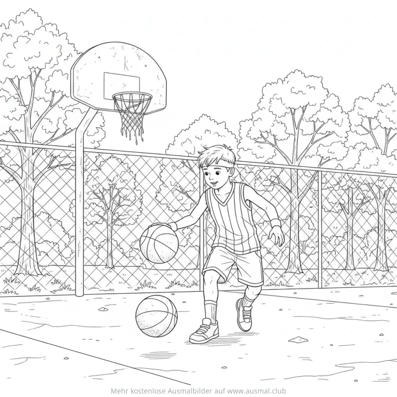Junge dribbelt Basketball Ausmalbild auf dem Platz