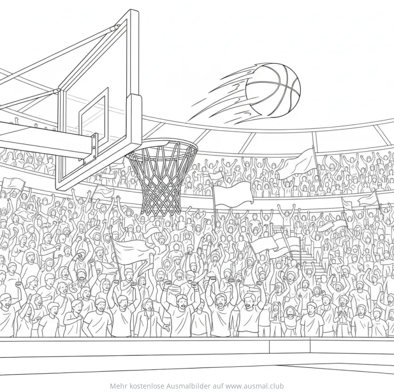 Basketball Korb mit jubelnder Menge Ausmalbild
