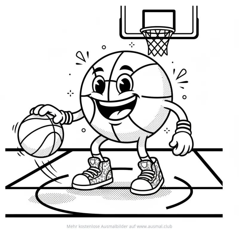 Fröhlicher Basketball Comic dribbelt, Ausmalbild