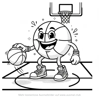 Fröhlicher Basketball Comic dribbelt, Ausmalbild