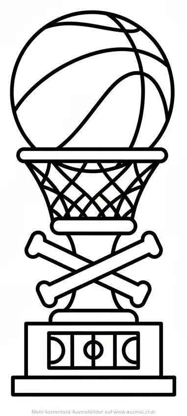 Basketball Pokal Ausmalbild mit Basketball, Netz und gekreuzten Knochen