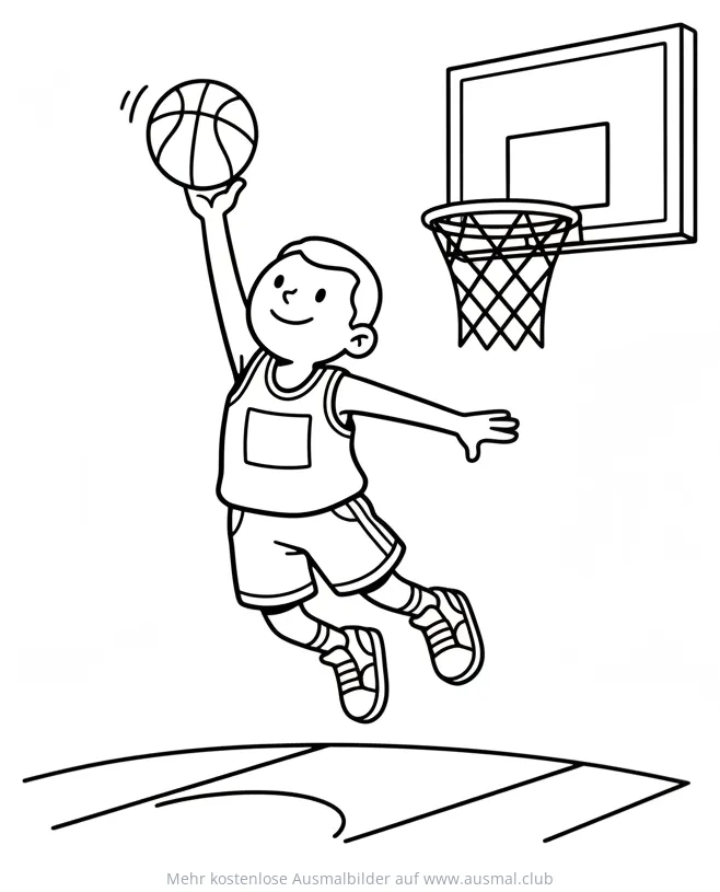 Basketballspieler springt mit Ball in Richtung Korb Ausmalbild