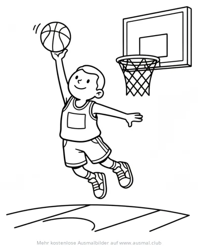 Basketballspieler springt mit Ball in Richtung Korb Ausmalbild