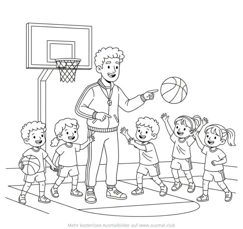 Basketball Trainer mit Kindern Ausmalbild