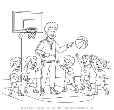 Basketball Trainer mit Kindern Ausmalbild