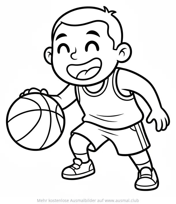 Lachender Junge dribbelt Basketball Ausmalbild