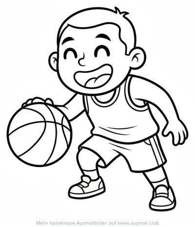 Lachender Junge dribbelt Basketball Ausmalbild