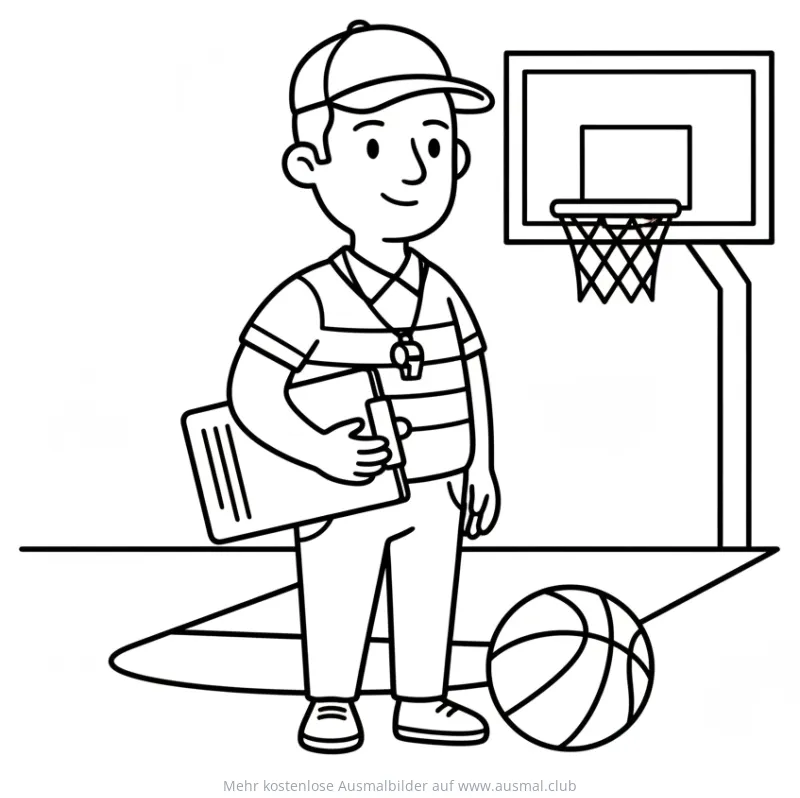 Basketballtrainer mit Klemmbrett und Basketball Ausmalbild