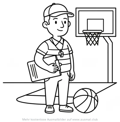 Basketballtrainer mit Klemmbrett und Basketball Ausmalbild