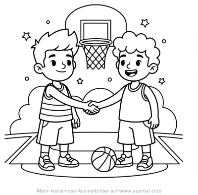 Basketball Handschlag Ausmalbild mit zwei Spielern und Ball