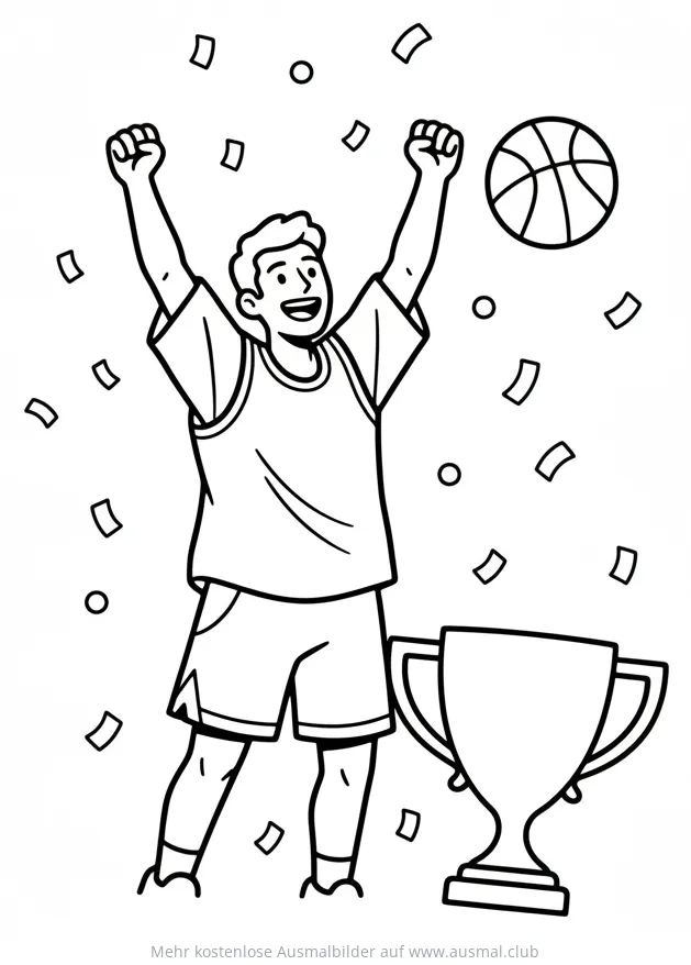 Jubelnder Basketballspieler mit Pokal und Konfetti Ausmalbild