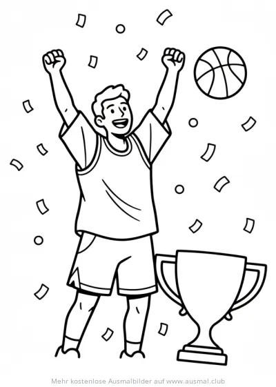 Jubelnder Basketballspieler mit Pokal und Konfetti Ausmalbild