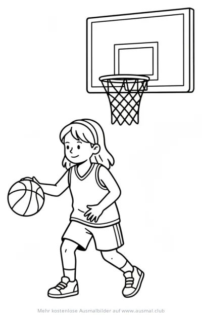 Basketball spielendes Mädchen vor Korb Ausmalbild