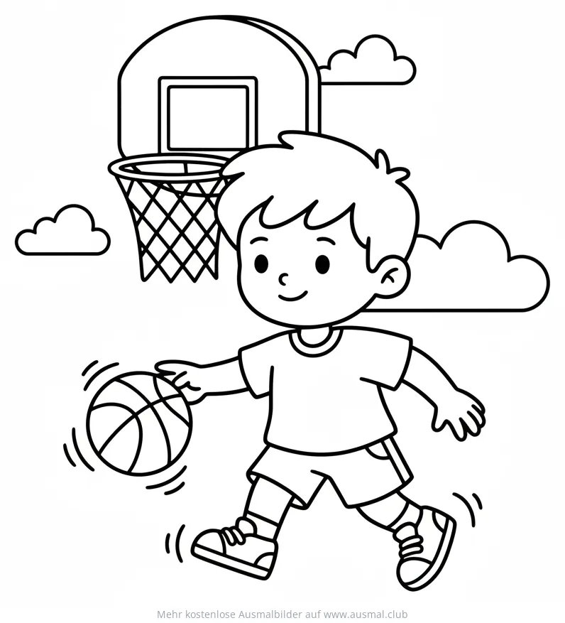 Junge dribbelt mit Basketball vor Basketballkorb Ausmalbild