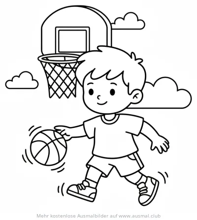 Junge dribbelt mit Basketball vor Basketballkorb Ausmalbild