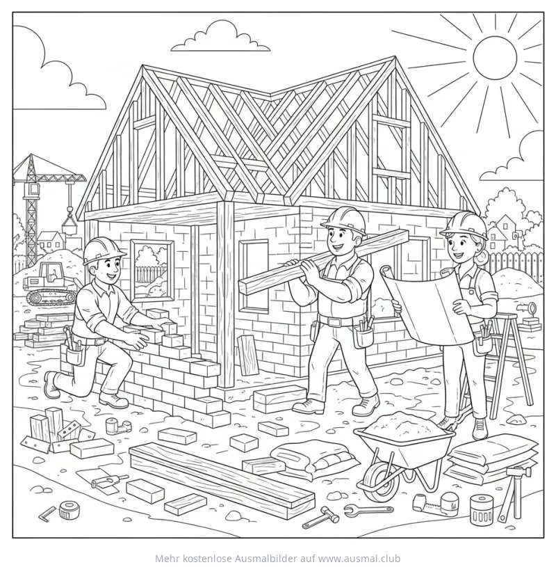 Bauarbeiter beim Hausbau Ausmalbild