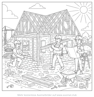 Bauarbeiter beim Hausbau Ausmalbild
