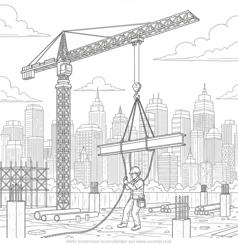 Bauarbeiter bedient Kran vor Skyline Ausmalbild