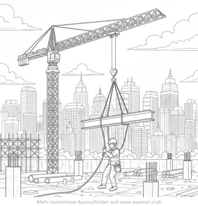 Bauarbeiter bedient Kran vor Skyline Ausmalbild