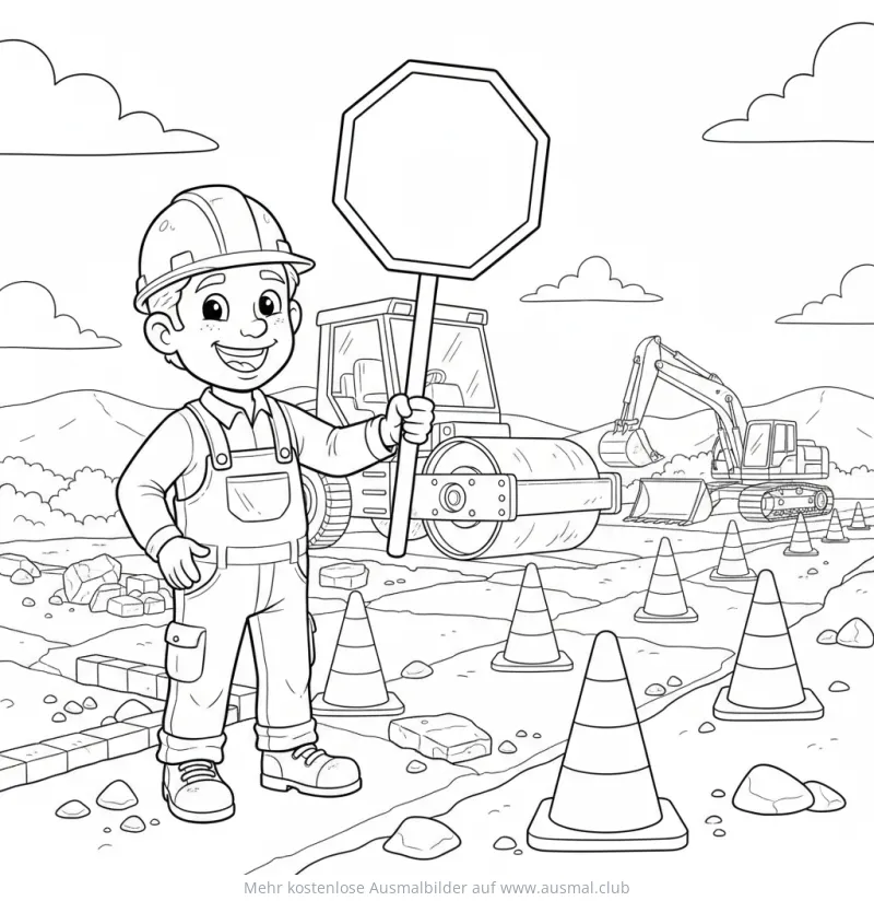 Straßenbau Ausmalbild mit Bauarbeiter, Bagger und Walze