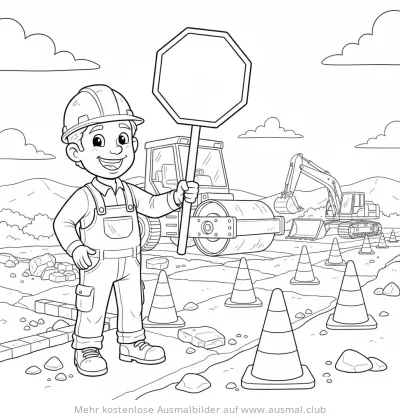 Straßenbau Ausmalbild mit Bauarbeiter, Bagger und Walze