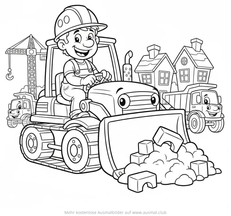 Bauarbeiter mit Bulldozer Ausmalbild auf einer Baustelle
