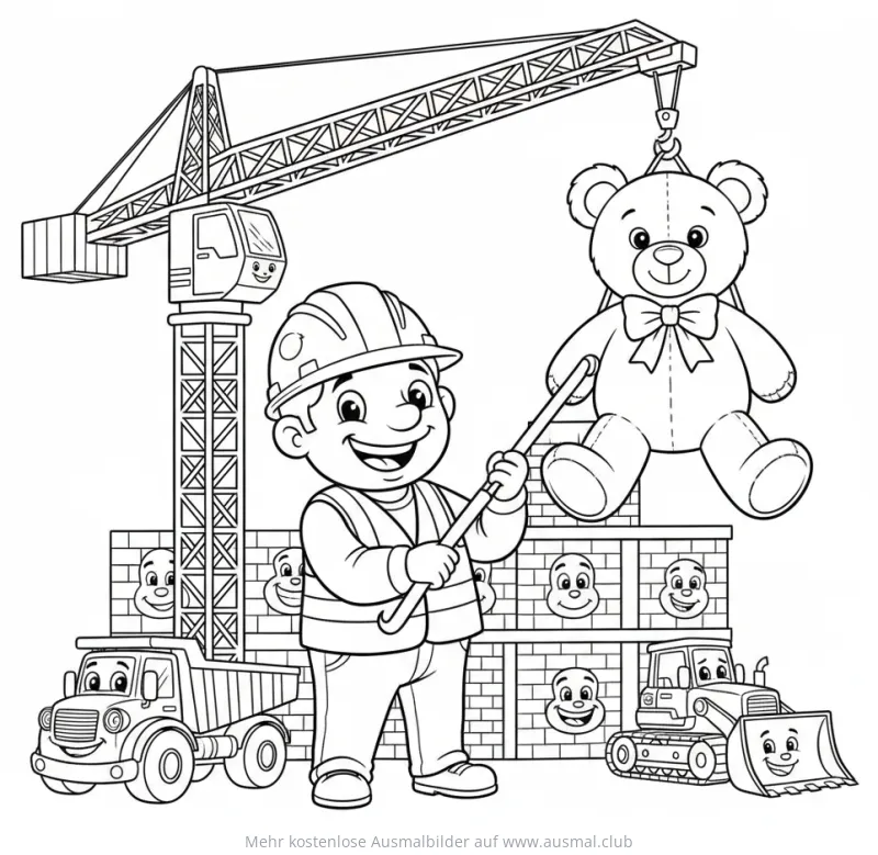 Bauarbeiter dirigiert Kran mit Teddybär Ausmalbild