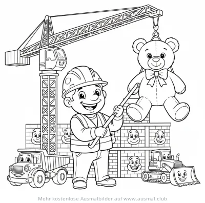 Bauarbeiter dirigiert Kran mit Teddybär Ausmalbild