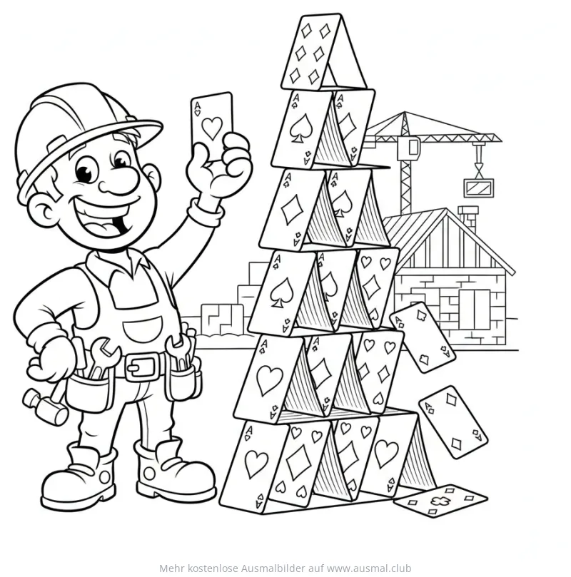 Bauarbeiter mit Kartenhaus auf Baustelle Ausmalbild