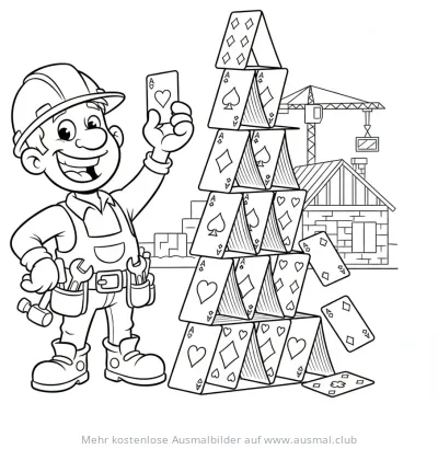 Bauarbeiter mit Kartenhaus auf Baustelle Ausmalbild