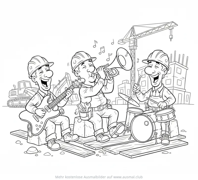 Bauarbeiter Band mit Gitarre, Trompete und Schlagzeug Ausmalbild