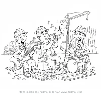Bauarbeiter Band mit Gitarre, Trompete und Schlagzeug Ausmalbild