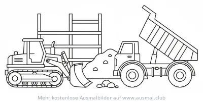 Bagger und Kipplaster auf Baustelle Ausmalbild