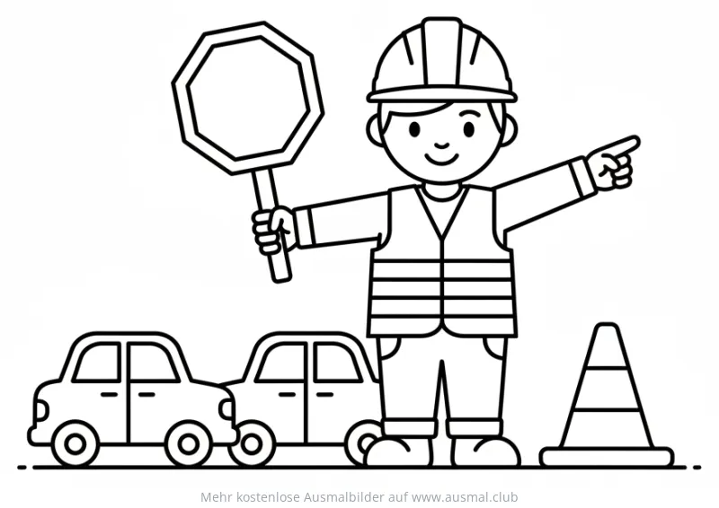 Freundlicher Bauarbeiter mit Stoppschild und Verkehrskegel Ausmalbild