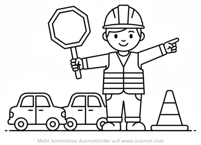 Freundlicher Bauarbeiter mit Stoppschild und Verkehrskegel Ausmalbild