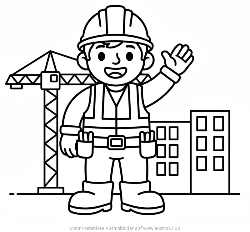 Bauarbeiter winkt vor Baukran und Gebäude Ausmalbild