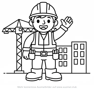 Bauarbeiter winkt vor Baukran und Gebäude Ausmalbild