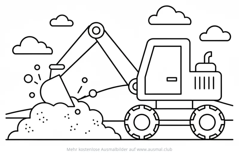 Bagger Ausmalbild mit Erdhaufen und Wolken