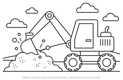 Bagger Ausmalbild mit Erdhaufen und Wolken