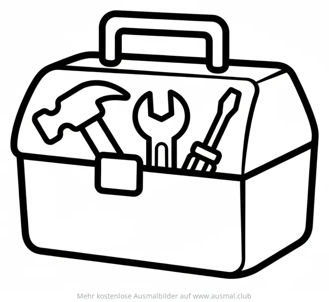 Werkzeugkiste Ausmalbild mit Hammer, Schraubenschlüssel und Schraubenzieher