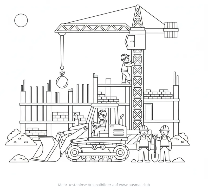 Baustelle mit Bagger, Kran und Bauarbeitern Ausmalbild