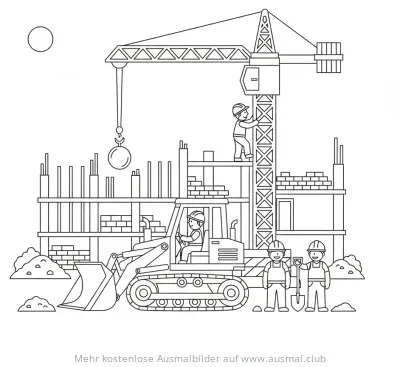 Baustelle mit Bagger, Kran und Bauarbeitern Ausmalbild